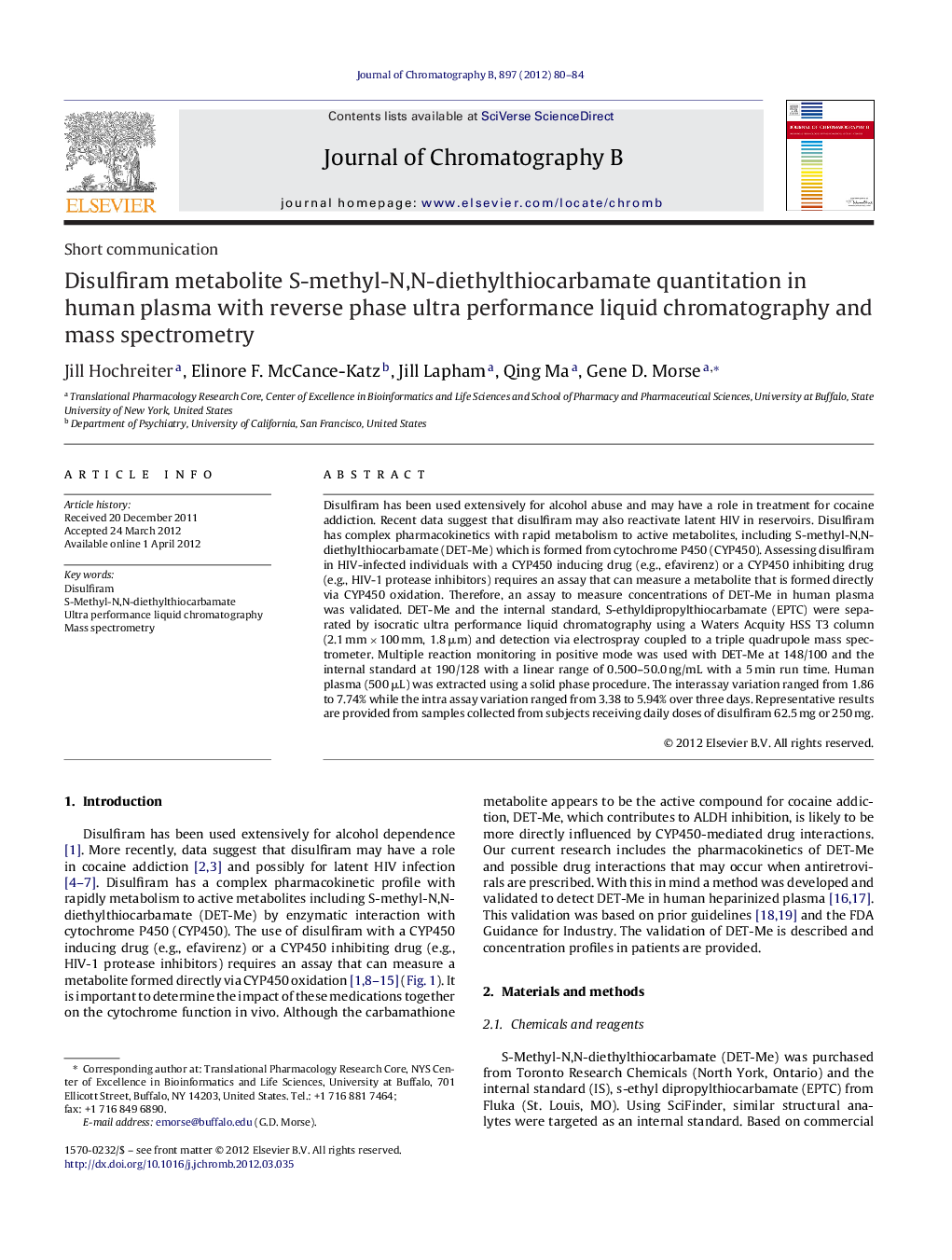 Disulfiram metabolite S-methyl-N,N-diethylthiocarbamate quantitation in human plasma with reverse phase ultra performance liquid chromatography and mass spectrometry