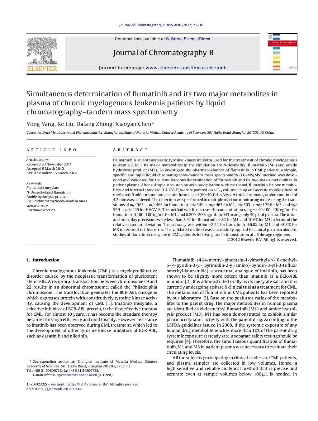 Simultaneous determination of flumatinib and its two major metabolites in plasma of chronic myelogenous leukemia patients by liquid chromatography–tandem mass spectrometry