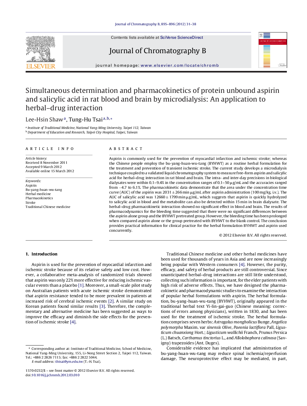 Simultaneous determination and pharmacokinetics of protein unbound aspirin and salicylic acid in rat blood and brain by microdialysis: An application to herbal–drug interaction