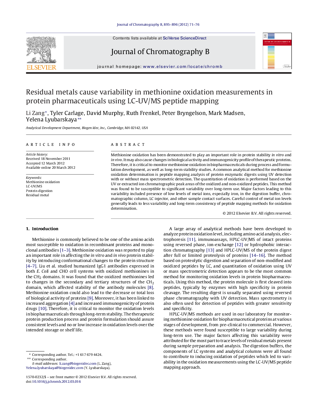 Residual metals cause variability in methionine oxidation measurements in protein pharmaceuticals using LC-UV/MS peptide mapping