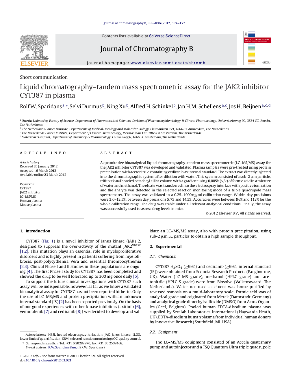 Liquid chromatography–tandem mass spectrometric assay for the JAK2 inhibitor CYT387 in plasma