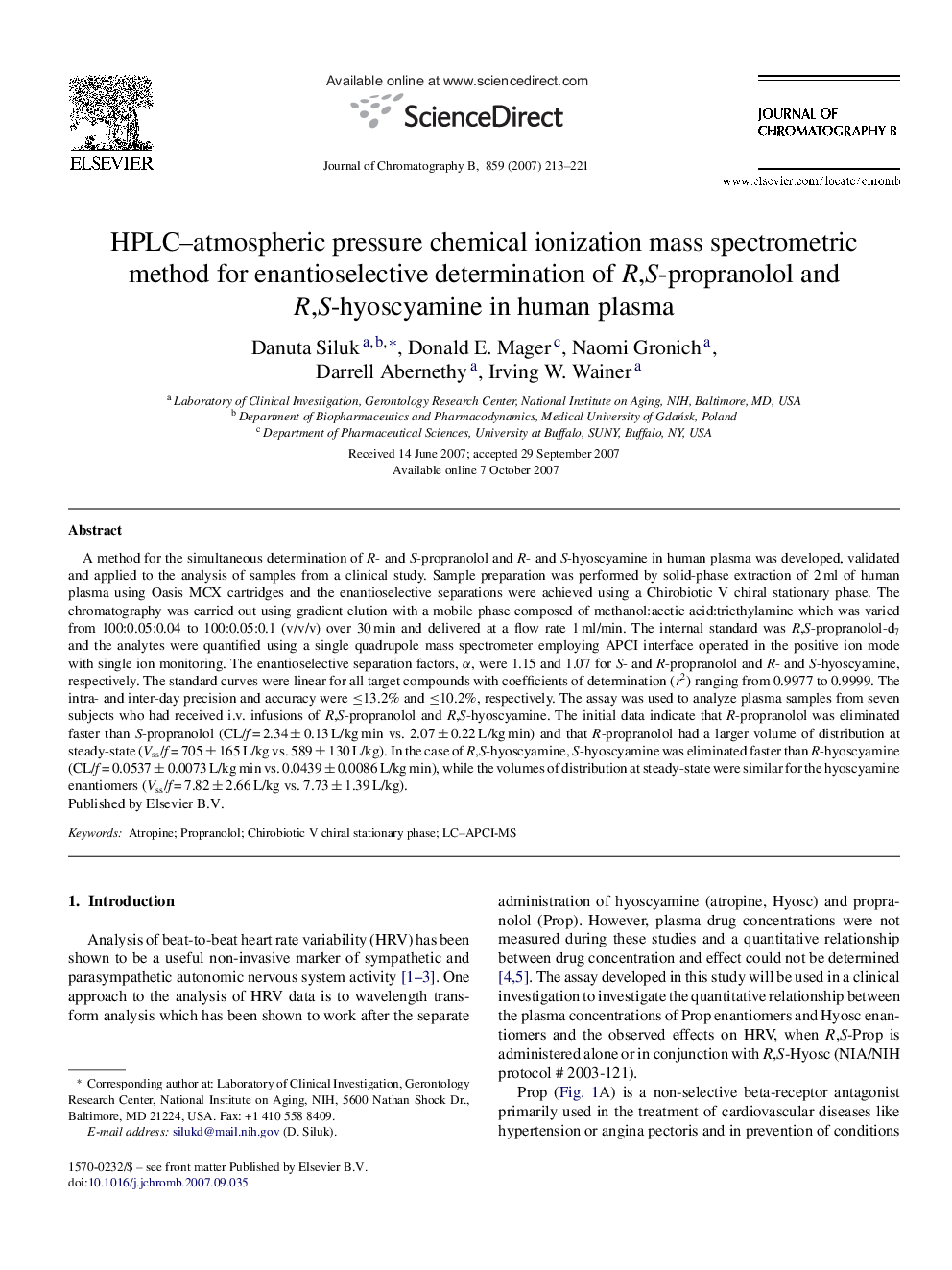 HPLC–atmospheric pressure chemical ionization mass spectrometric method for enantioselective determination of R,S-propranolol and R,S-hyoscyamine in human plasma