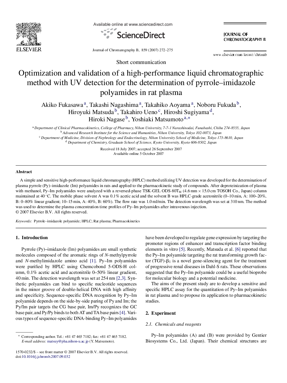 Optimization and validation of a high-performance liquid chromatographic method with UV detection for the determination of pyrrole–imidazole polyamides in rat plasma