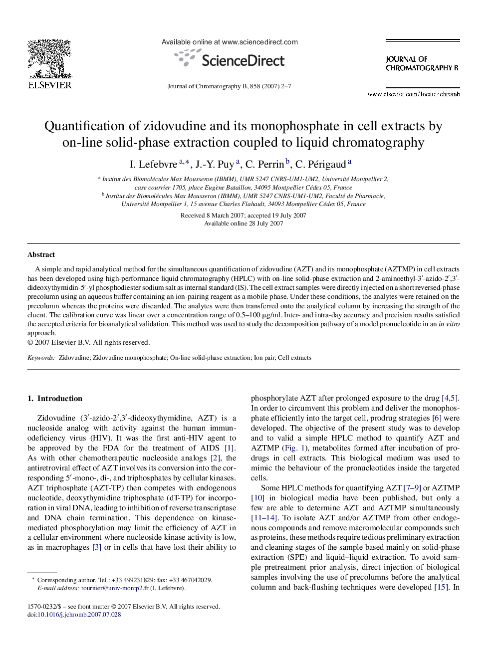 Quantification of zidovudine and its monophosphate in cell extracts by on-line solid-phase extraction coupled to liquid chromatography