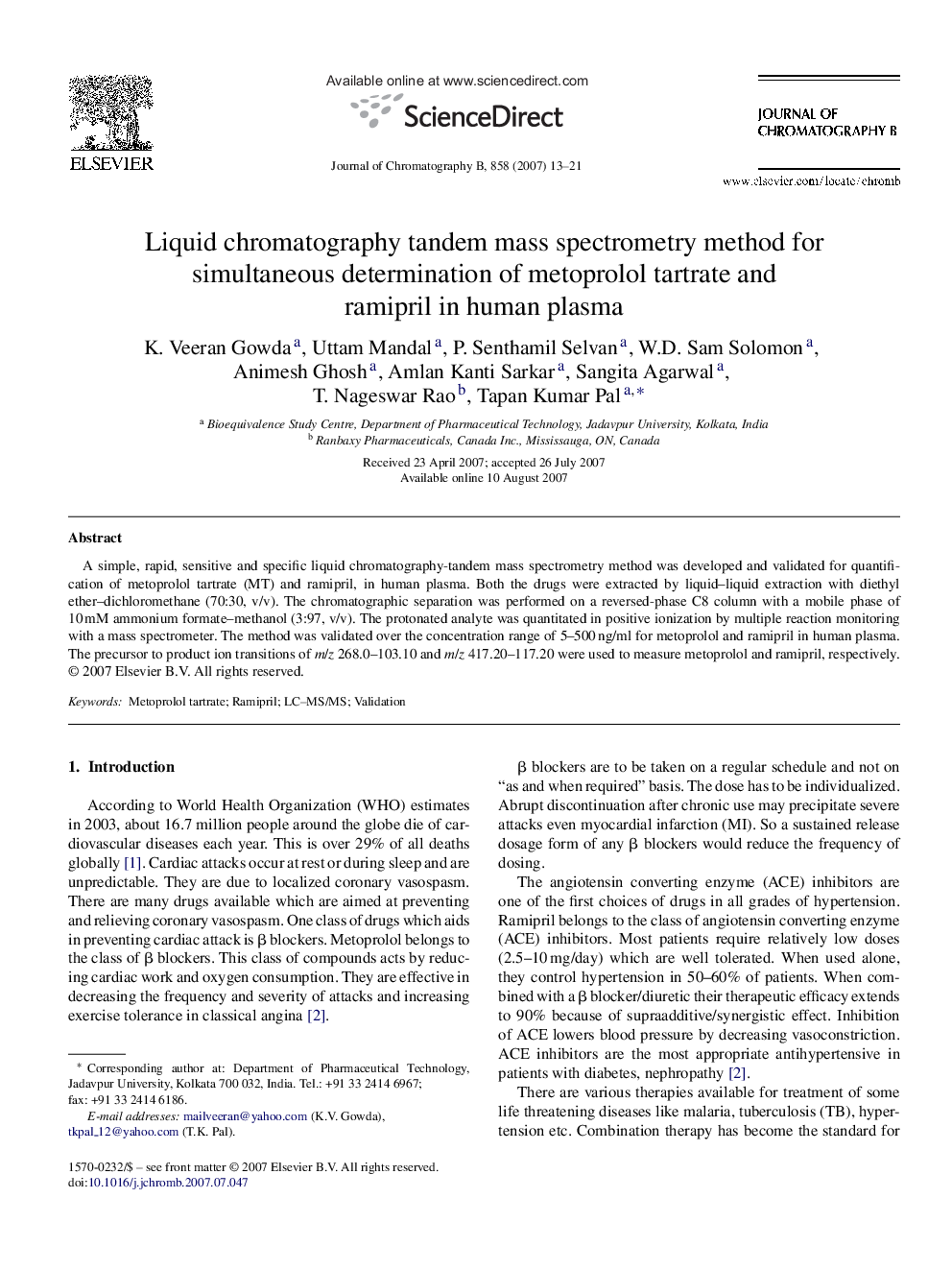 Liquid chromatography tandem mass spectrometry method for simultaneous determination of metoprolol tartrate and ramipril in human plasma