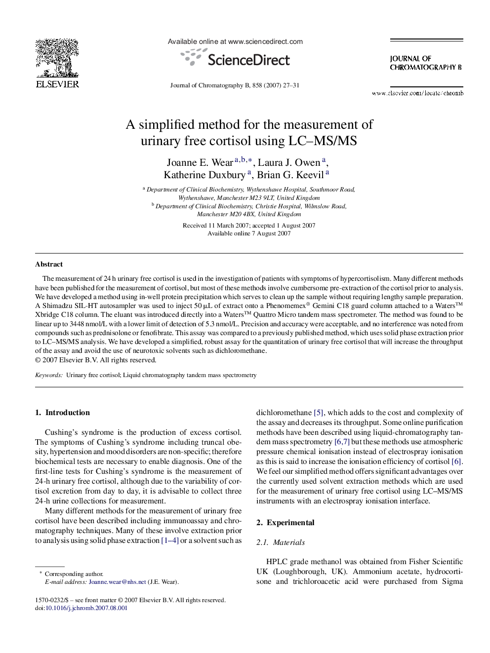 A simplified method for the measurement of urinary free cortisol using LC–MS/MS