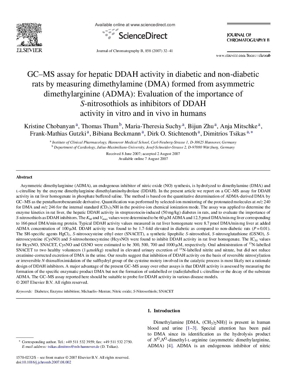 عکس صفحه اول مقاله: GC–MS assay for hepatic DDAH activity in diabetic and non-diabetic rats by measuring dimethylamine (DMA) formed from asymmetric dimethylarginine (ADMA): Evaluation of the importance of S-nitrosothiols as inhibitors of DDAH activity in vitro and in vivo in GC–MS assay for hepatic DDAH activity in diabetic and non-diabetic rats by measuring dimethylamine (DMA) formed from asymmetric dimethylarginine (ADMA): Evaluation of the importance of S-nitrosothiols as inhibitors of DDAH activity in vitro and in vivo in