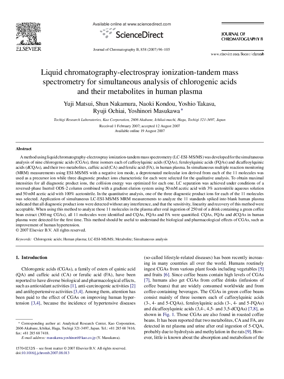 Liquid chromatography-electrospray ionization-tandem mass spectrometry for simultaneous analysis of chlorogenic acids and their metabolites in human plasma