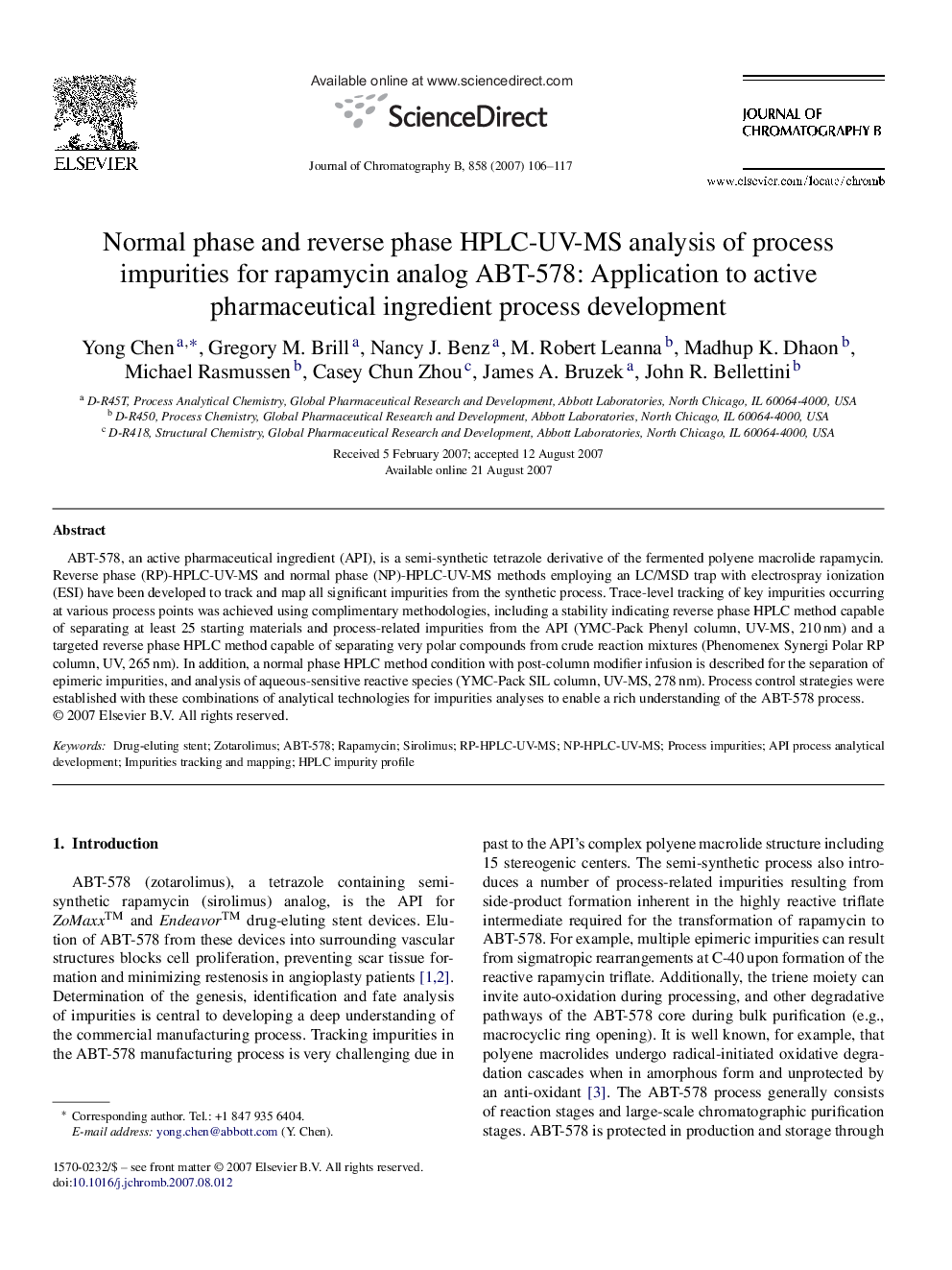 Normal phase and reverse phase HPLC-UV-MS analysis of process impurities for rapamycin analog ABT-578: Application to active pharmaceutical ingredient process development