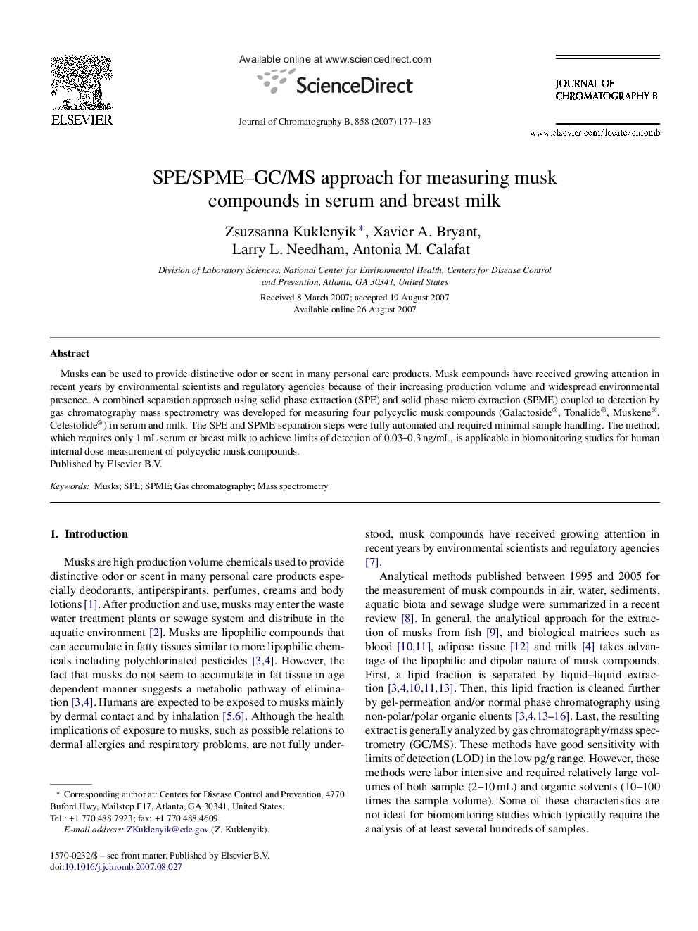 SPE/SPME–GC/MS approach for measuring musk compounds in serum and breast milk