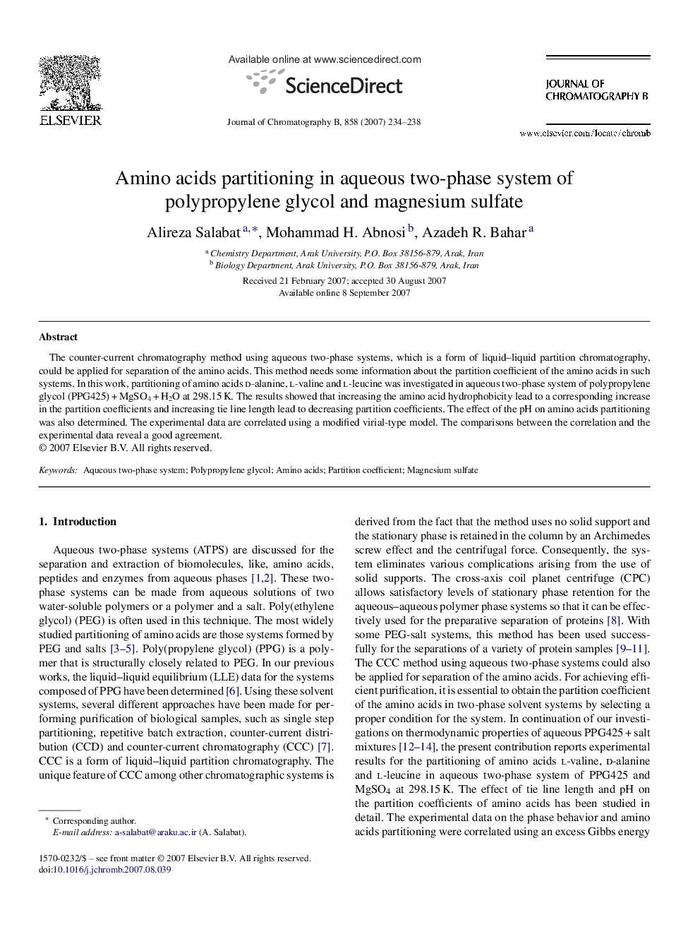 Amino acids partitioning in aqueous two-phase system of polypropylene glycol and magnesium sulfate