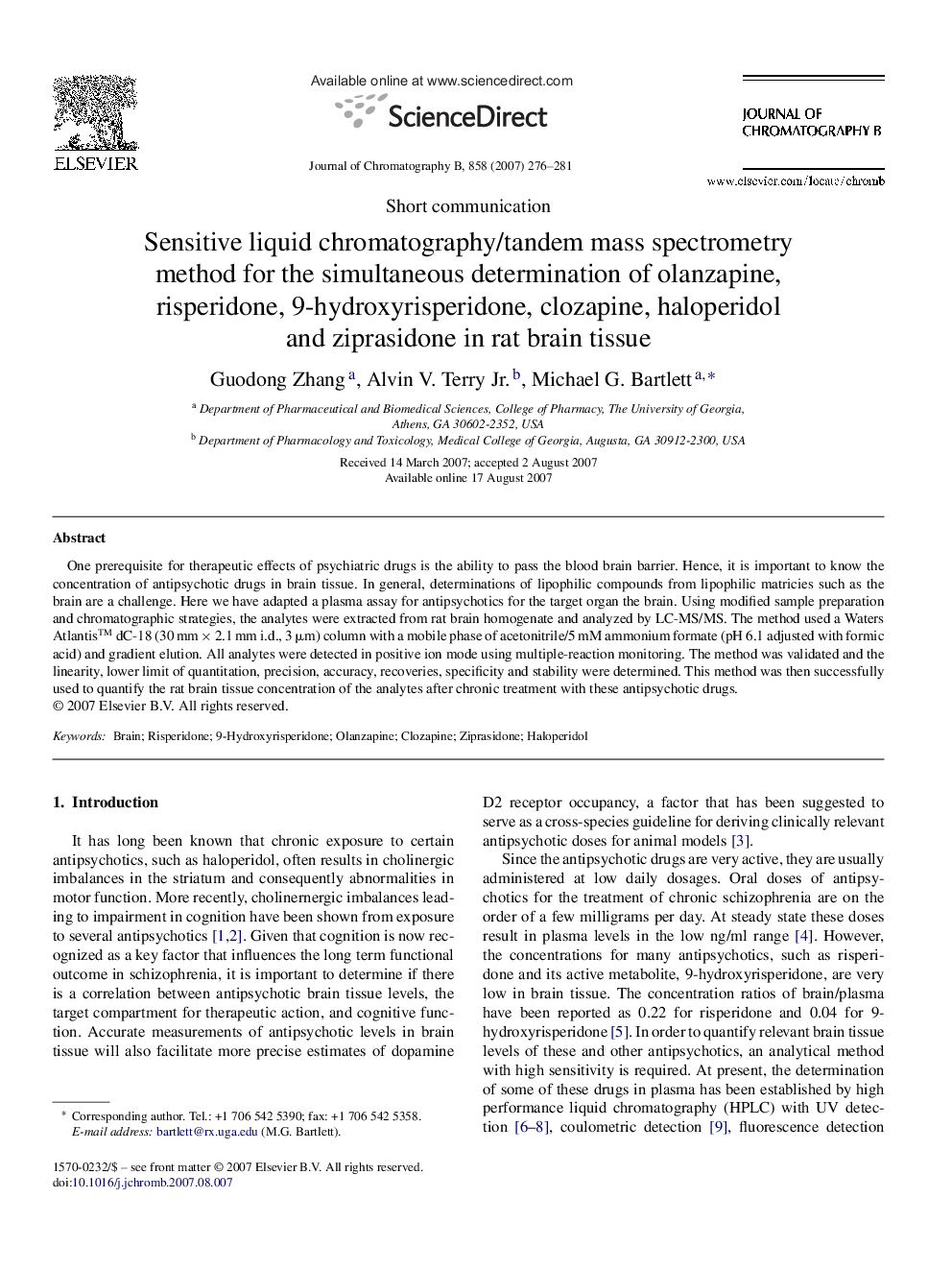 Sensitive liquid chromatography/tandem mass spectrometry method for the simultaneous determination of olanzapine, risperidone, 9-hydroxyrisperidone, clozapine, haloperidol and ziprasidone in rat brain tissue