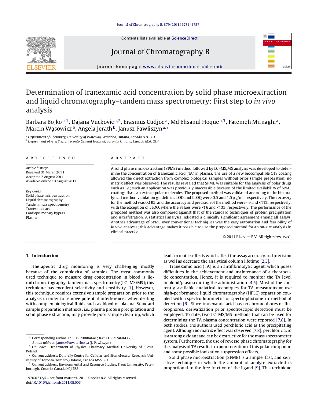 Determination of tranexamic acid concentration by solid phase microextraction and liquid chromatography–tandem mass spectrometry: First step to in vivo analysis