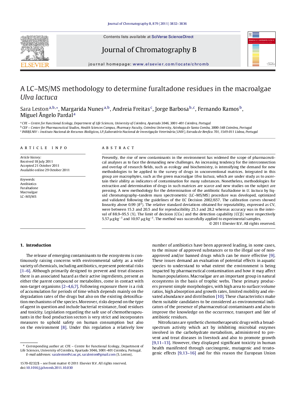 A LC–MS/MS methodology to determine furaltadone residues in the macroalgae Ulva lactuca