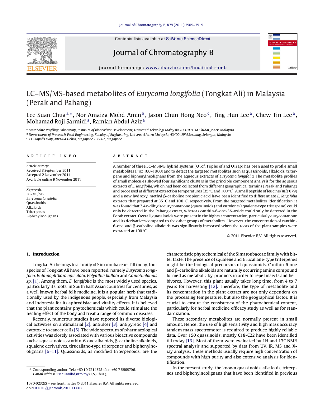 LC–MS/MS-based metabolites of Eurycoma longifolia (Tongkat Ali) in Malaysia (Perak and Pahang)