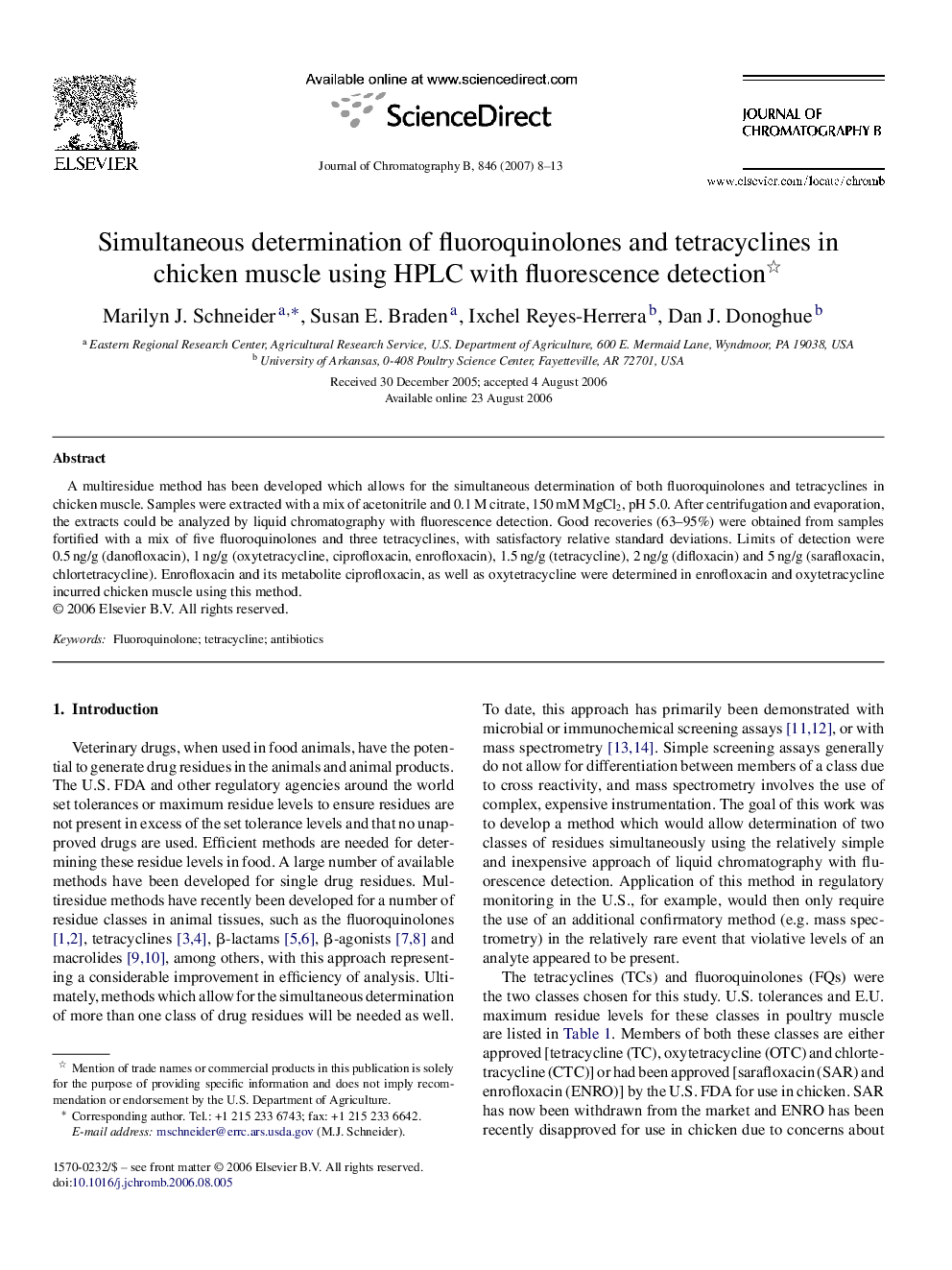 Simultaneous determination of fluoroquinolones and tetracyclines in chicken muscle using HPLC with fluorescence detection 