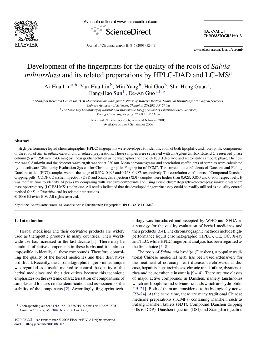 Development of the fingerprints for the quality of the roots of Salvia miltiorrhiza and its related preparations by HPLC-DAD and LC–MSn