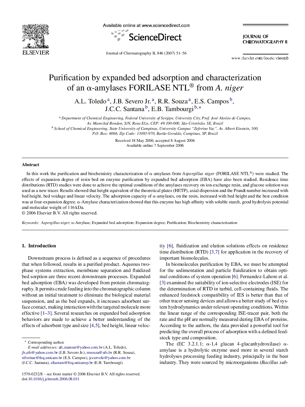 Purification by expanded bed adsorption and characterization of an α-amylases FORILASE NTL® from A. niger
