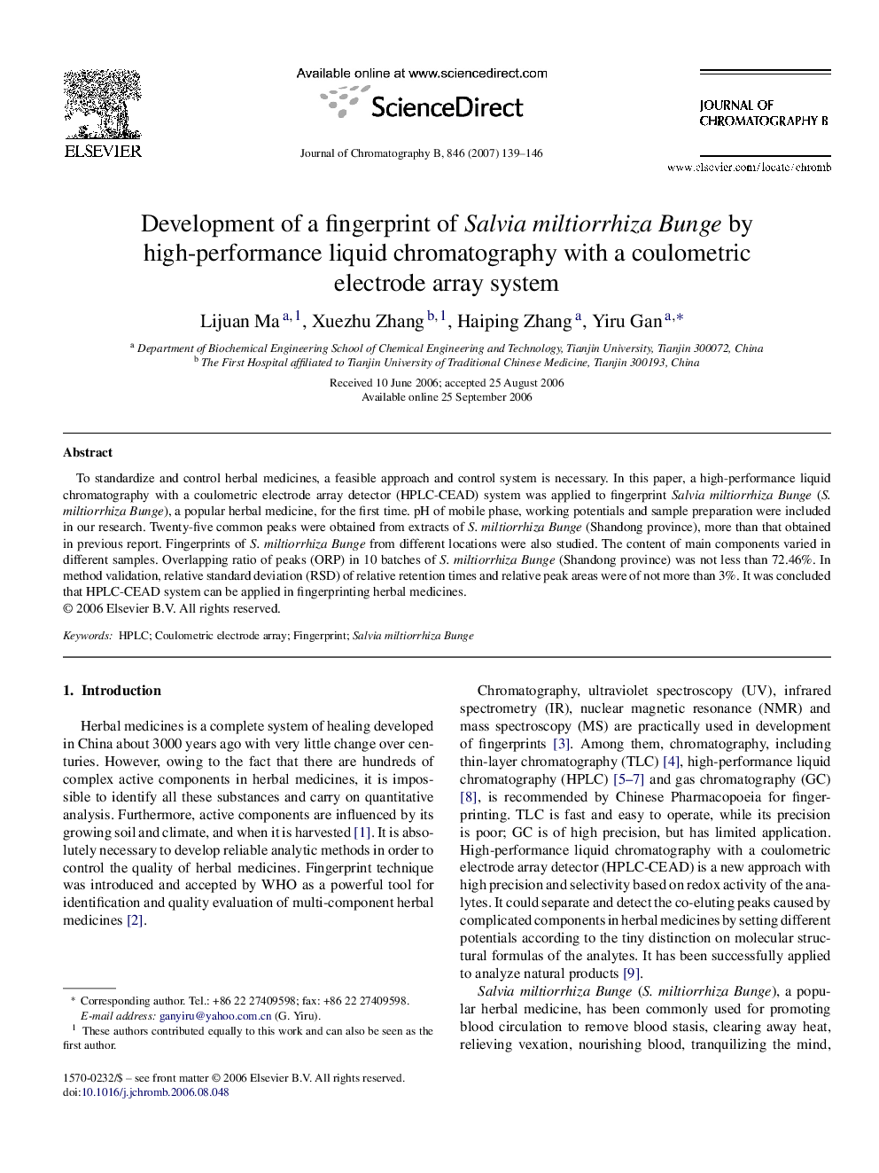 Development of a fingerprint of Salvia miltiorrhiza Bunge by high-performance liquid chromatography with a coulometric electrode array system