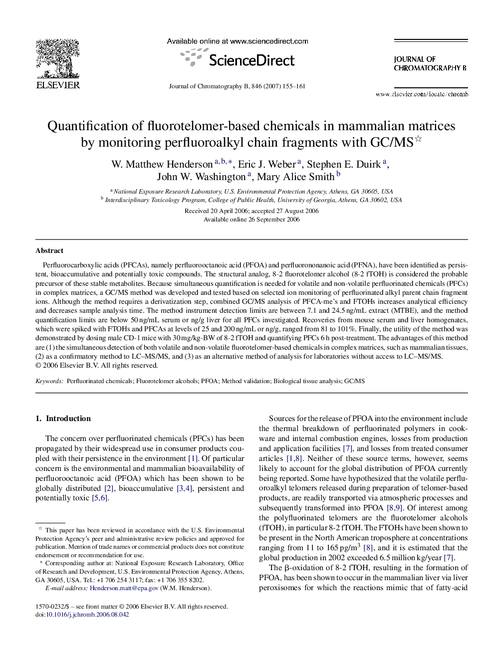 Quantification of fluorotelomer-based chemicals in mammalian matrices by monitoring perfluoroalkyl chain fragments with GC/MS 