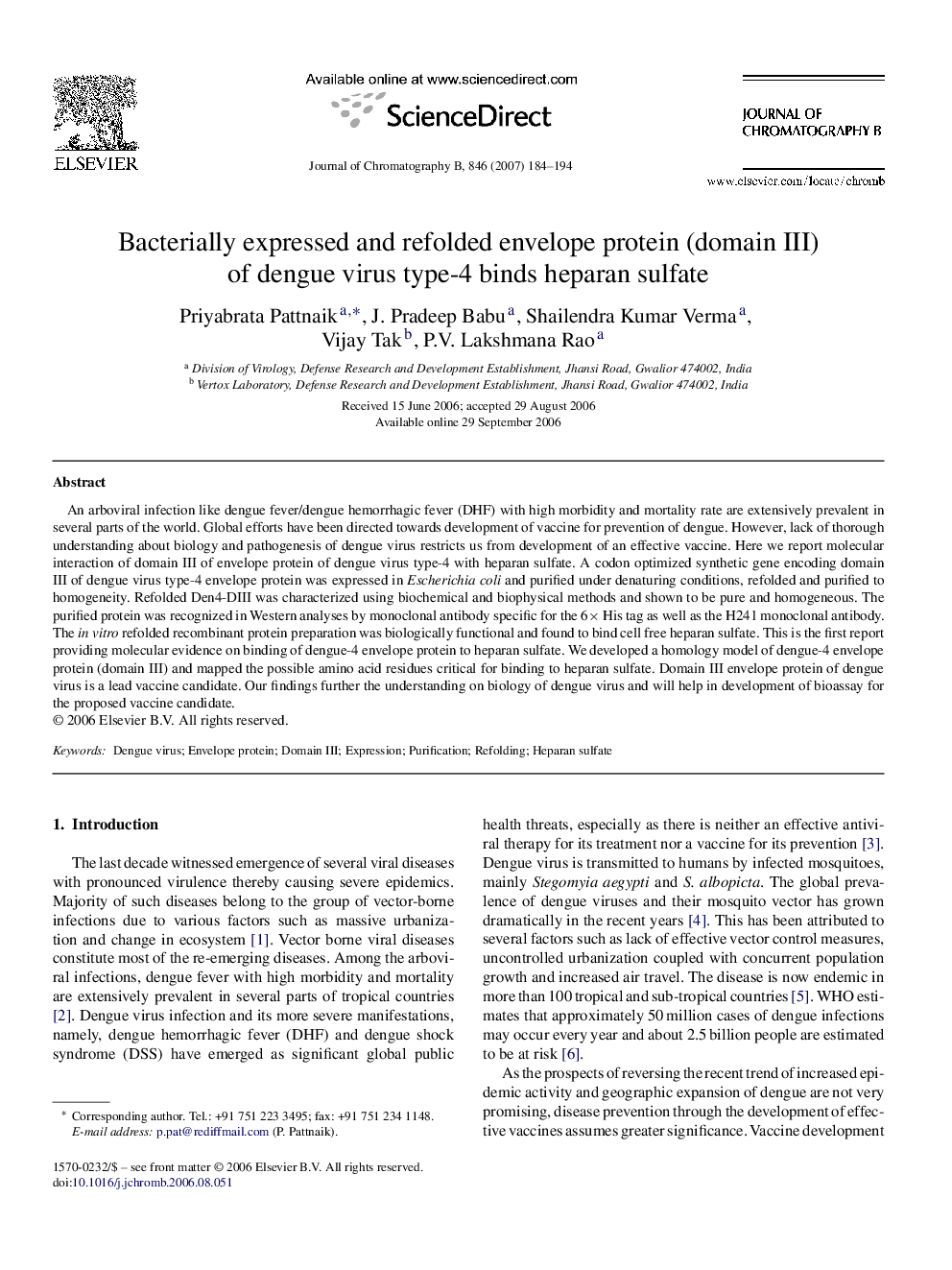 Bacterially expressed and refolded envelope protein (domain III) of dengue virus type-4 binds heparan sulfate