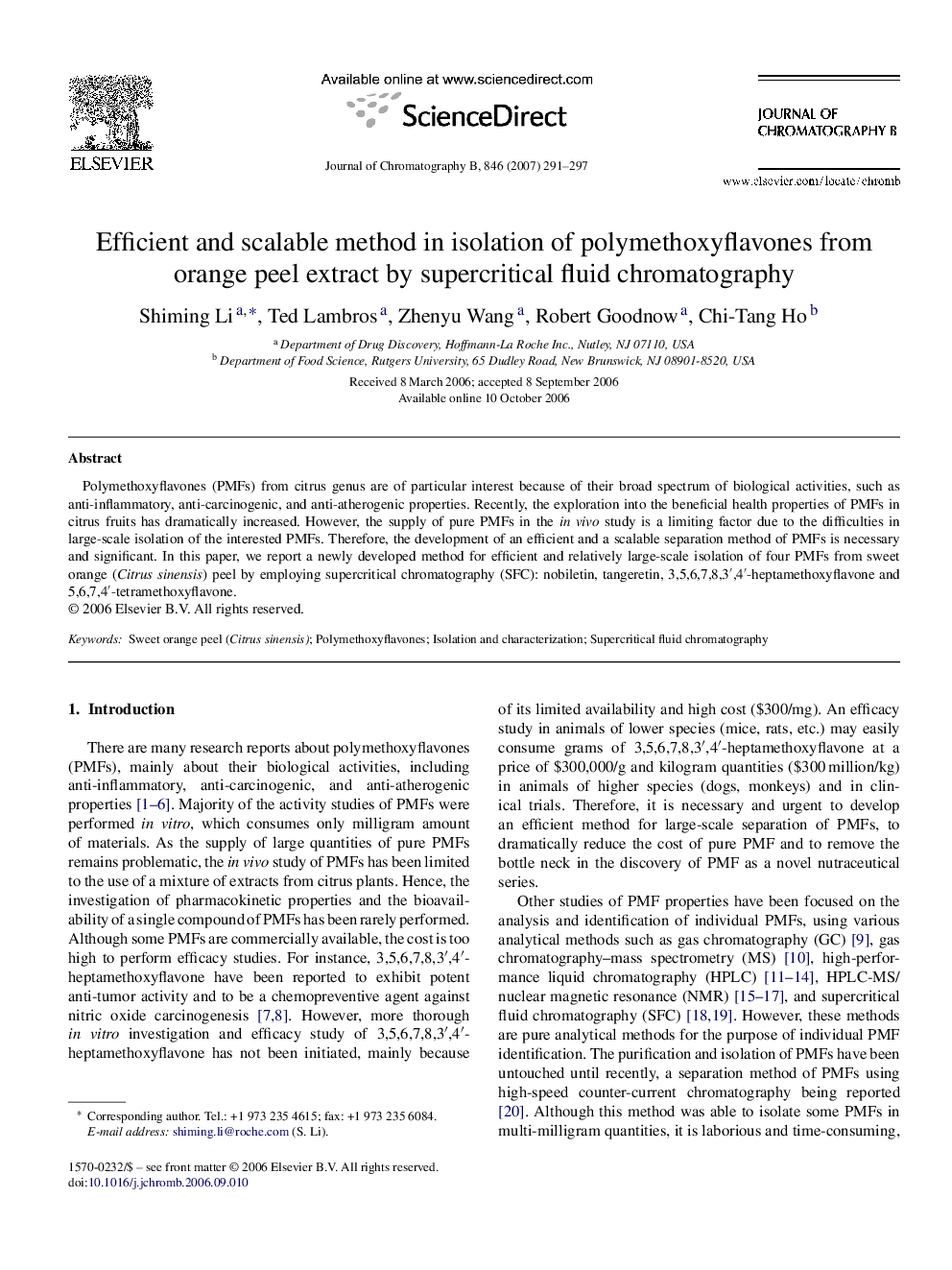 Efficient and scalable method in isolation of polymethoxyflavones from orange peel extract by supercritical fluid chromatography