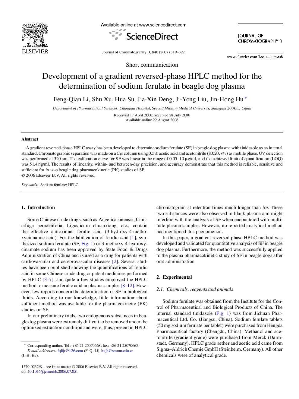 Development of a gradient reversed-phase HPLC method for the determination of sodium ferulate in beagle dog plasma