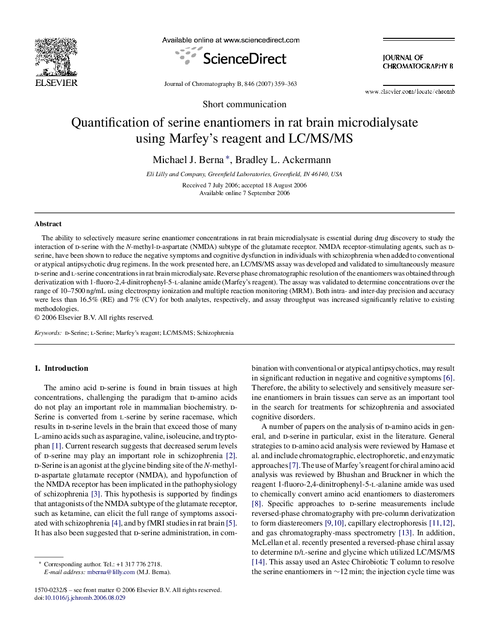 Quantification of serine enantiomers in rat brain microdialysate using Marfey's reagent and LC/MS/MS