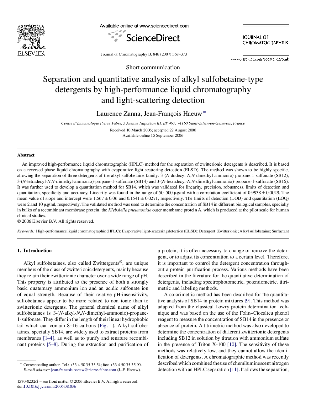 Separation and quantitative analysis of alkyl sulfobetaine-type detergents by high-performance liquid chromatography and light-scattering detection