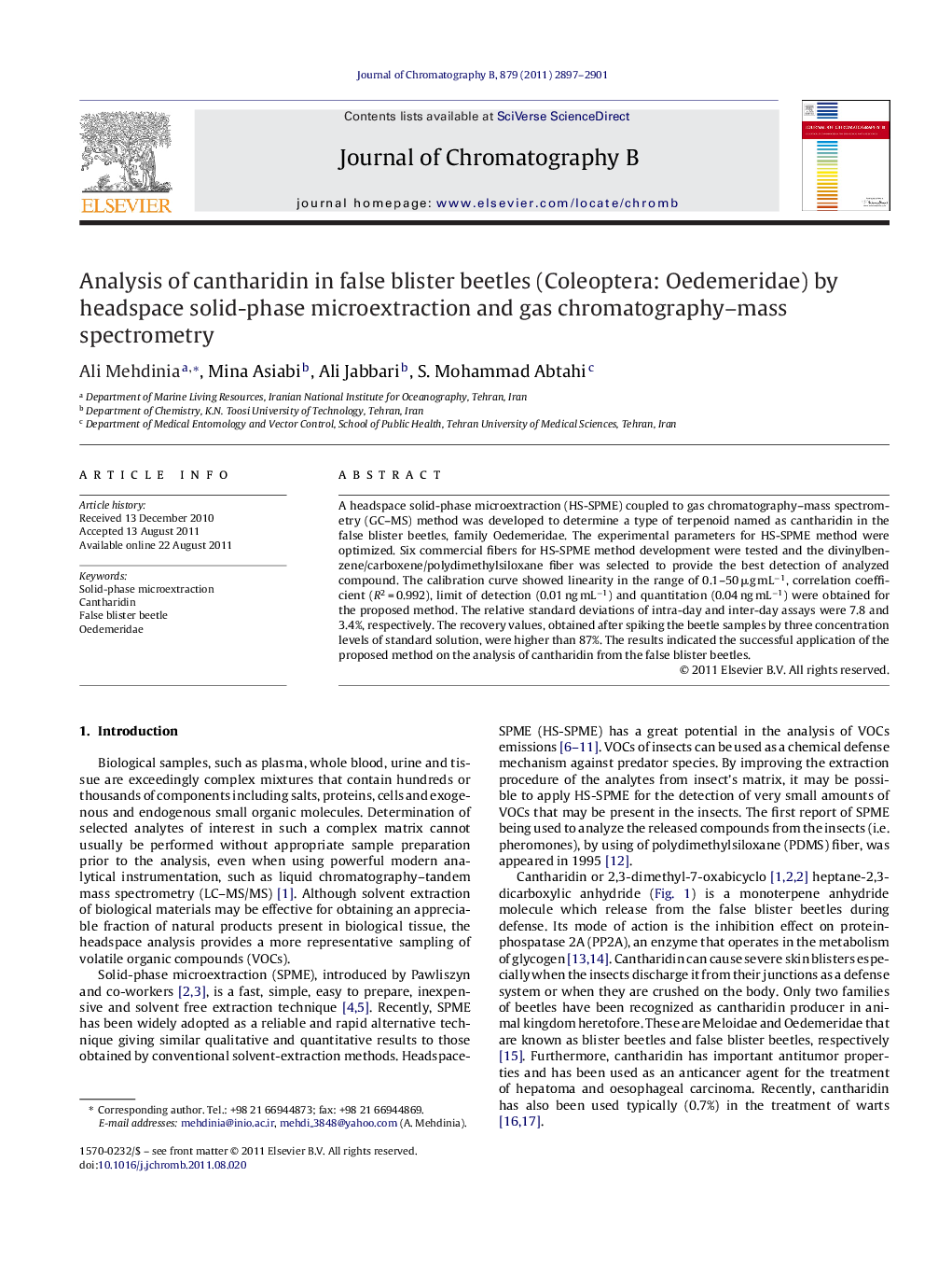 Analysis of cantharidin in false blister beetles (Coleoptera: Oedemeridae) by headspace solid-phase microextraction and gas chromatography–mass spectrometry