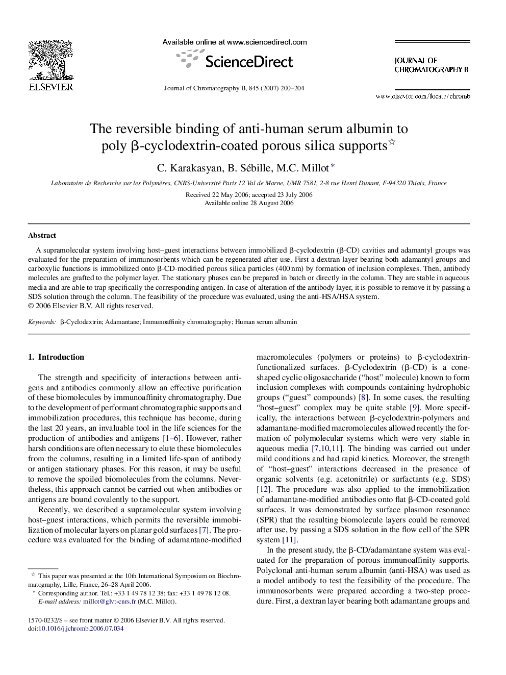 The reversible binding of anti-human serum albumin to poly β-cyclodextrin-coated porous silica supports 