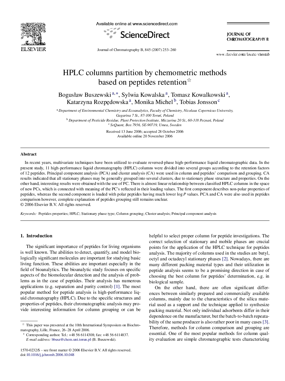 HPLC columns partition by chemometric methods based on peptides retention 