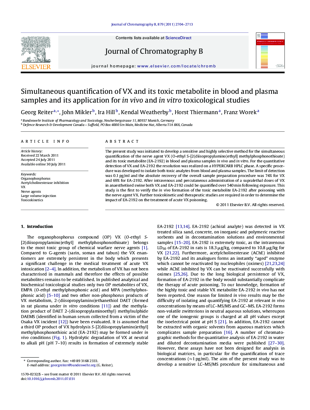 Simultaneous quantification of VX and its toxic metabolite in blood and plasma samples and its application for in vivo and in vitro toxicological studies