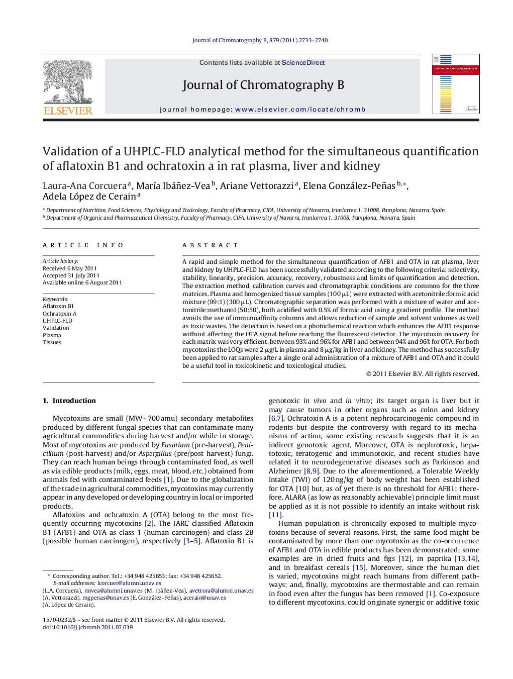 Validation of a UHPLC-FLD analytical method for the simultaneous quantification of aflatoxin B1 and ochratoxin a in rat plasma, liver and kidney
