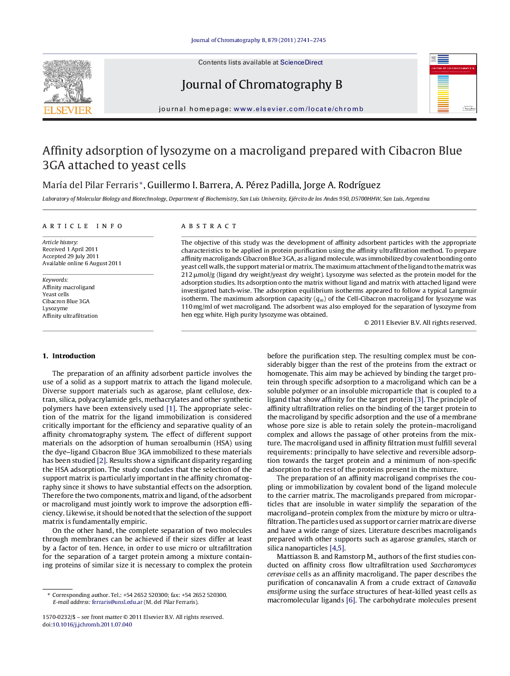 Affinity adsorption of lysozyme on a macroligand prepared with Cibacron Blue 3GA attached to yeast cells