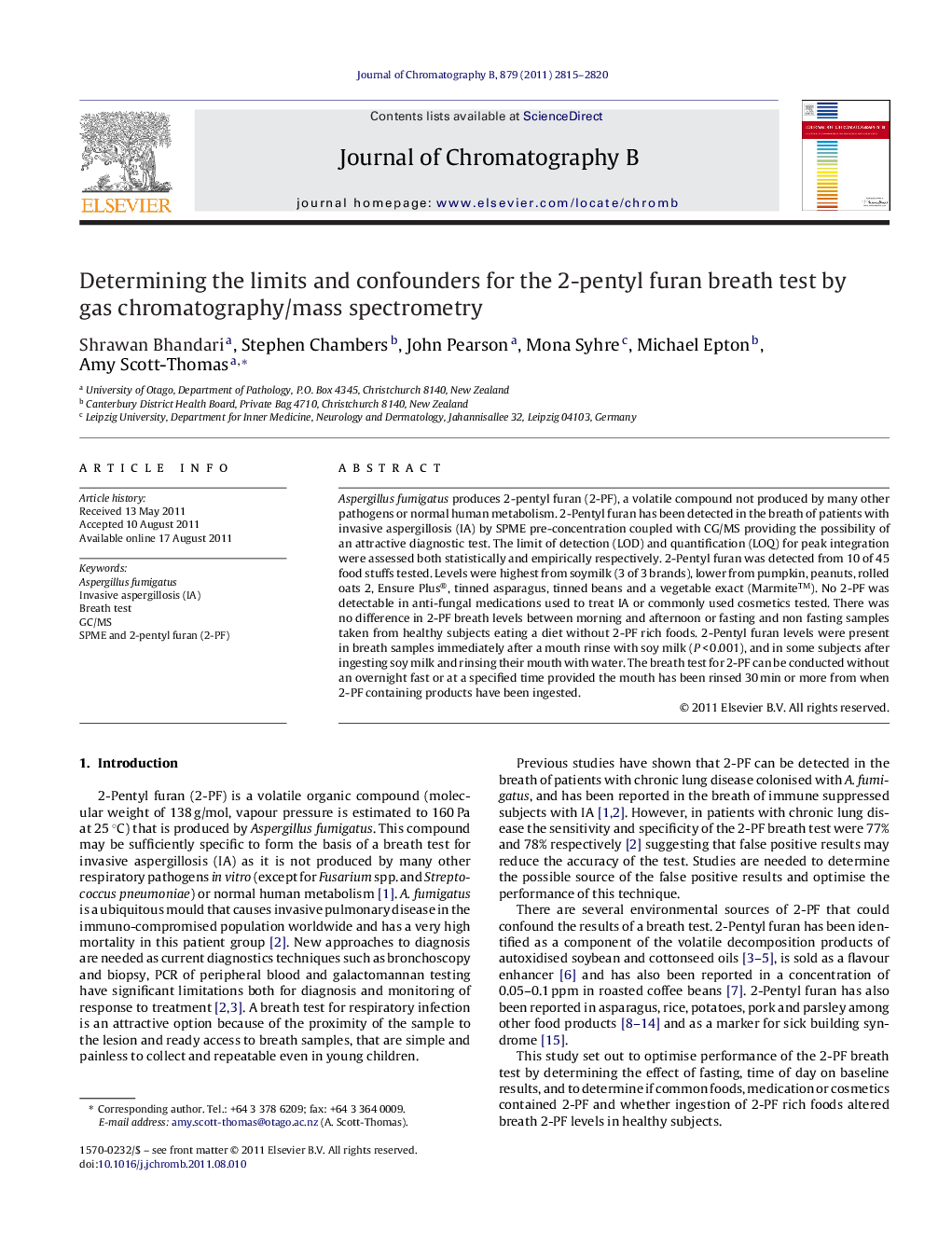 Determining the limits and confounders for the 2-pentyl furan breath test by gas chromatography/mass spectrometry