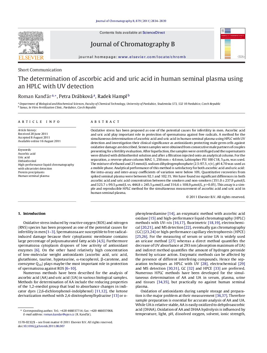 The determination of ascorbic acid and uric acid in human seminal plasma using an HPLC with UV detection