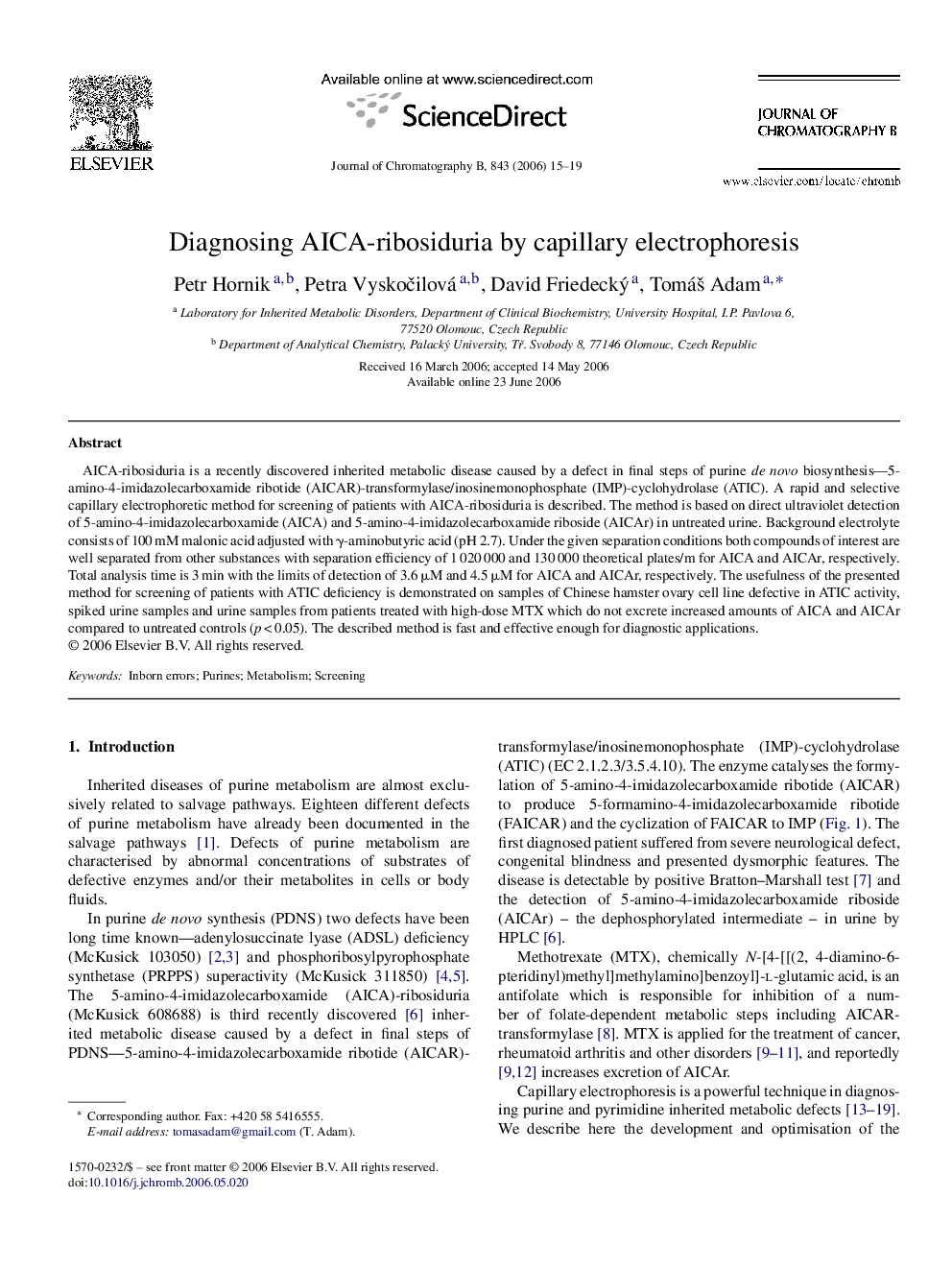 Diagnosing AICA-ribosiduria by capillary electrophoresis