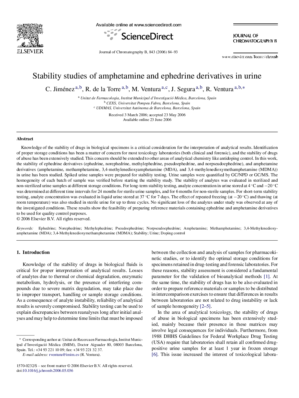 Stability studies of amphetamine and ephedrine derivatives in urine