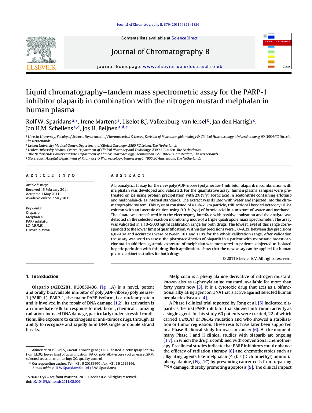 Liquid chromatography–tandem mass spectrometric assay for the PARP-1 inhibitor olaparib in combination with the nitrogen mustard melphalan in human plasma