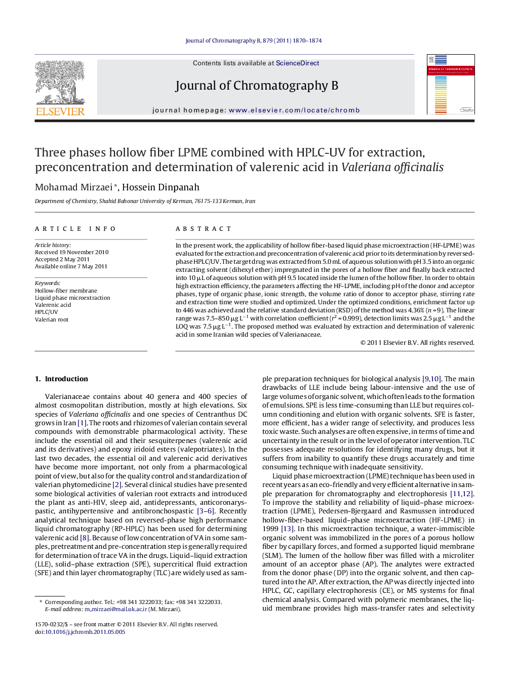 عکس صفحه اول مقاله: Three phases hollow fiber LPME combined with HPLC-UV for extraction, preconcentration and determination of valerenic acid in Valeriana officinalis Three phases hollow fiber LPME combined with HPLC-UV for extraction, preconcentration and determination of valerenic acid in Valeriana officinalis