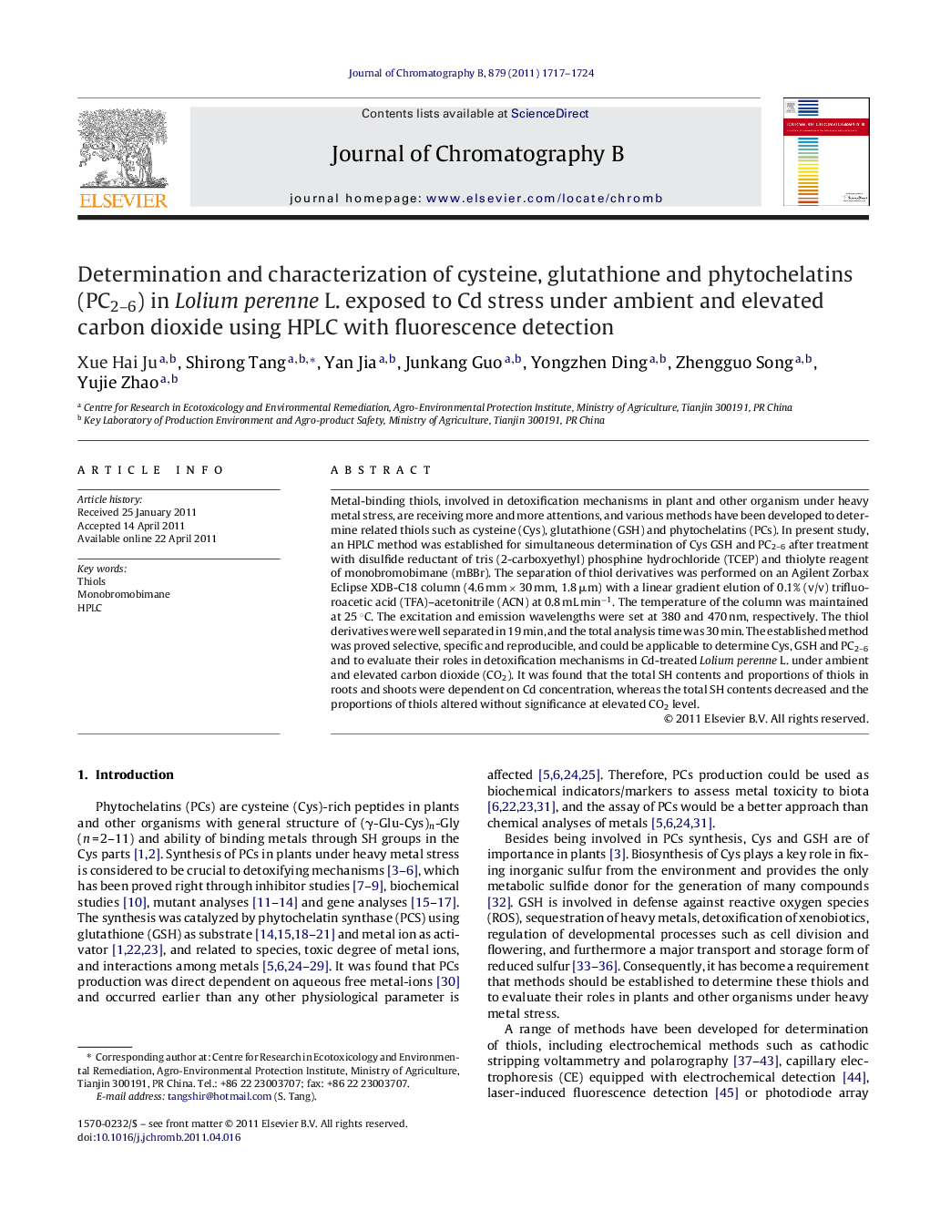 Determination and characterization of cysteine, glutathione and phytochelatins (PC2–6) in Lolium perenne L. exposed to Cd stress under ambient and elevated carbon dioxide using HPLC with fluorescence detection