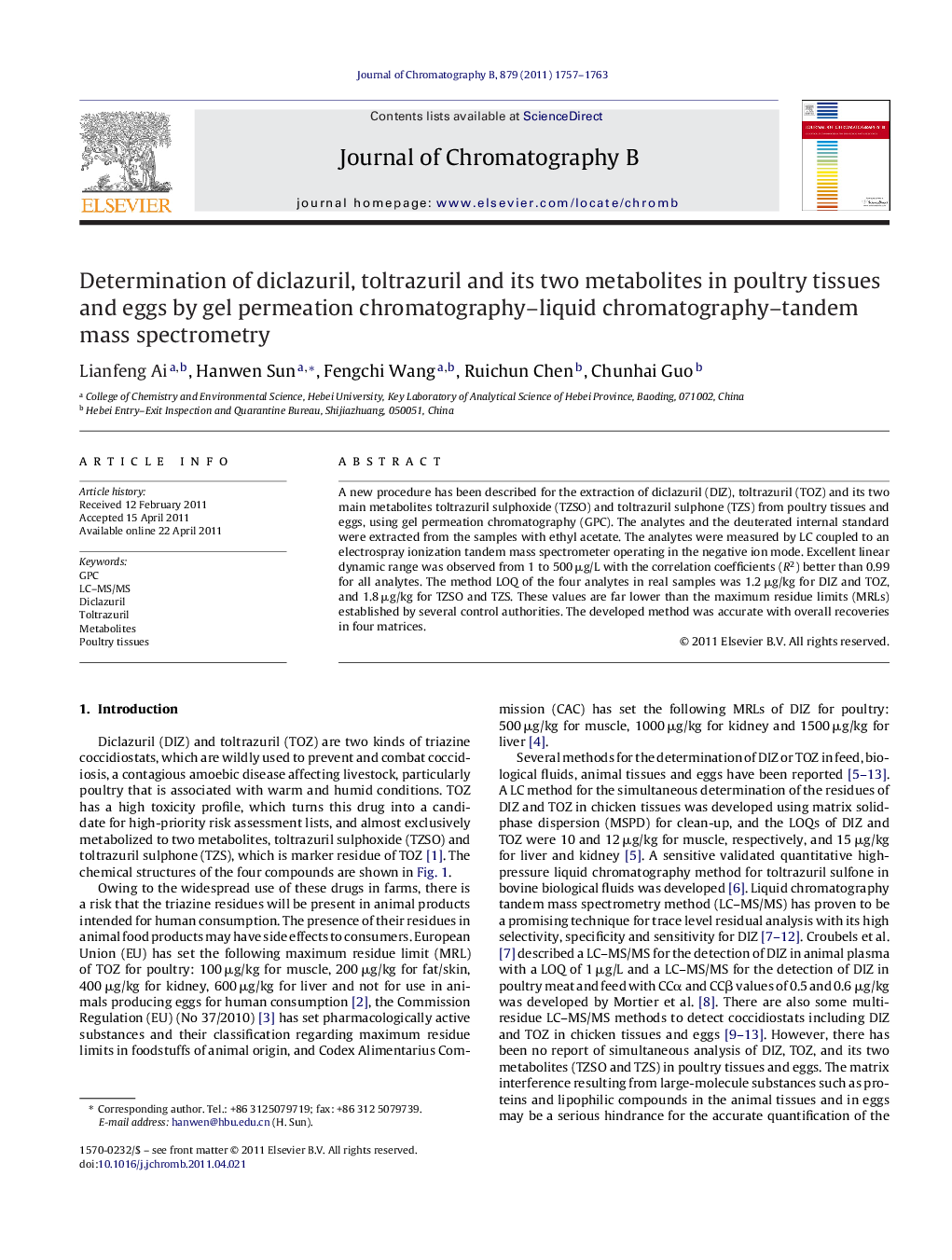 Determination of diclazuril, toltrazuril and its two metabolites in poultry tissues and eggs by gel permeation chromatography–liquid chromatography–tandem mass spectrometry