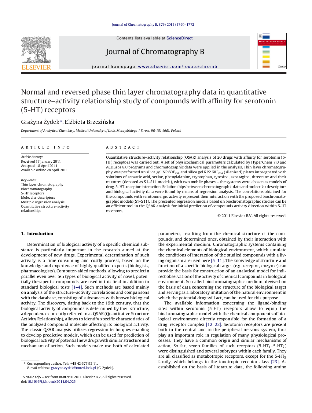 Normal and reversed phase thin layer chromatography data in quantitative structure–activity relationship study of compounds with affinity for serotonin (5-HT) receptors