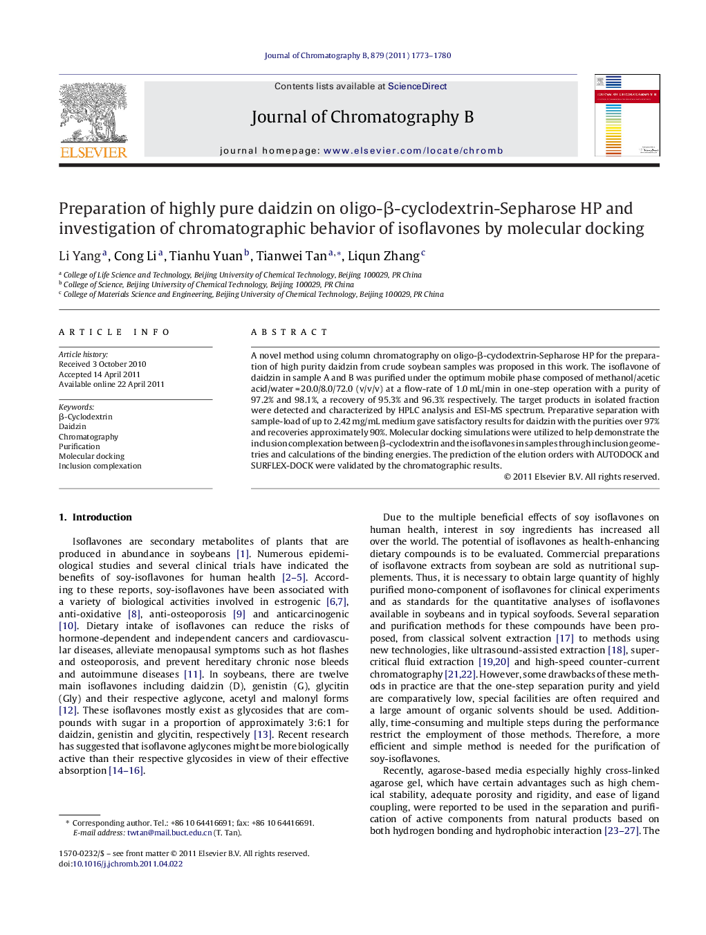 Preparation of highly pure daidzin on oligo-β-cyclodextrin-Sepharose HP and investigation of chromatographic behavior of isoflavones by molecular docking