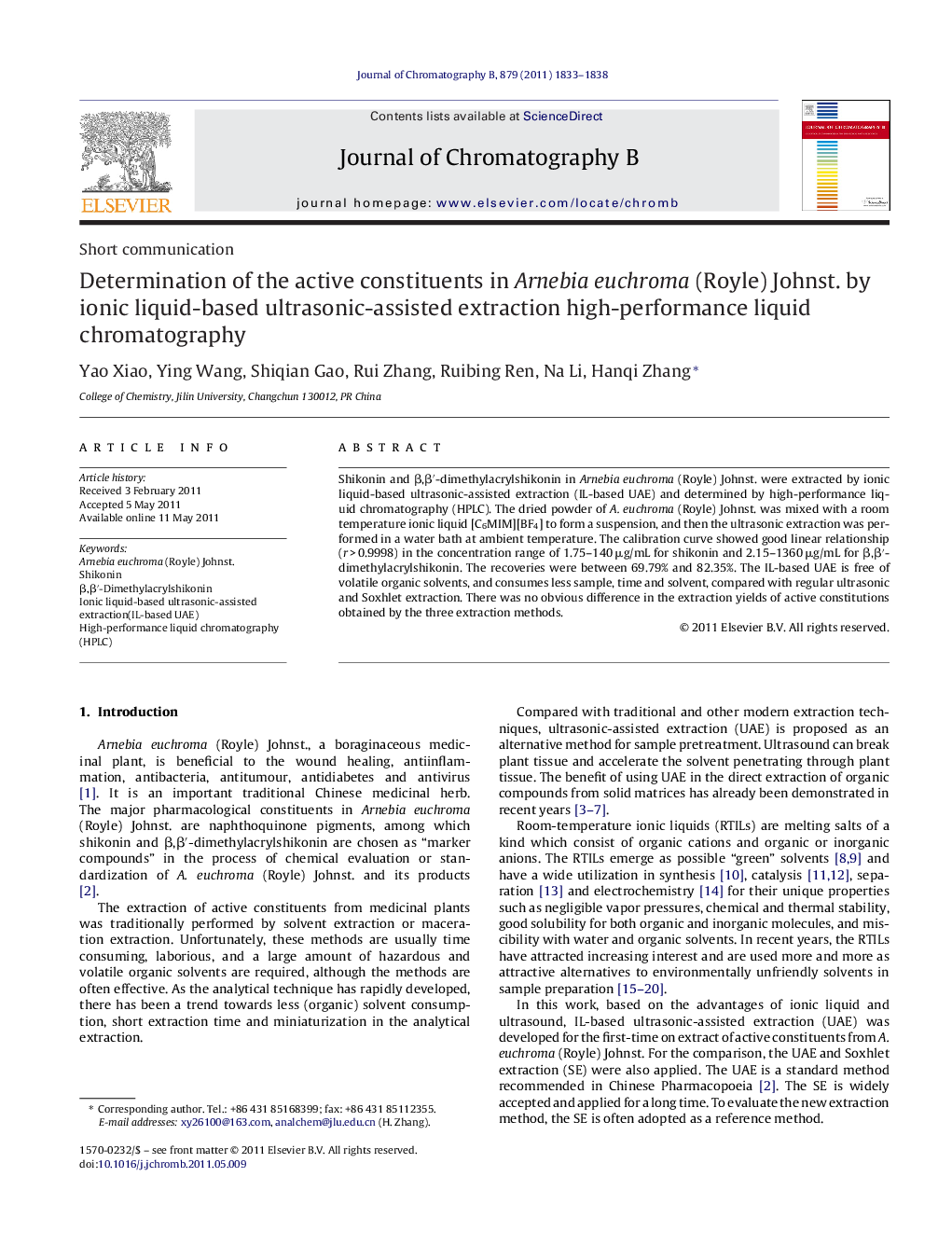 Determination of the active constituents in Arnebia euchroma (Royle) Johnst. by ionic liquid-based ultrasonic-assisted extraction high-performance liquid chromatography