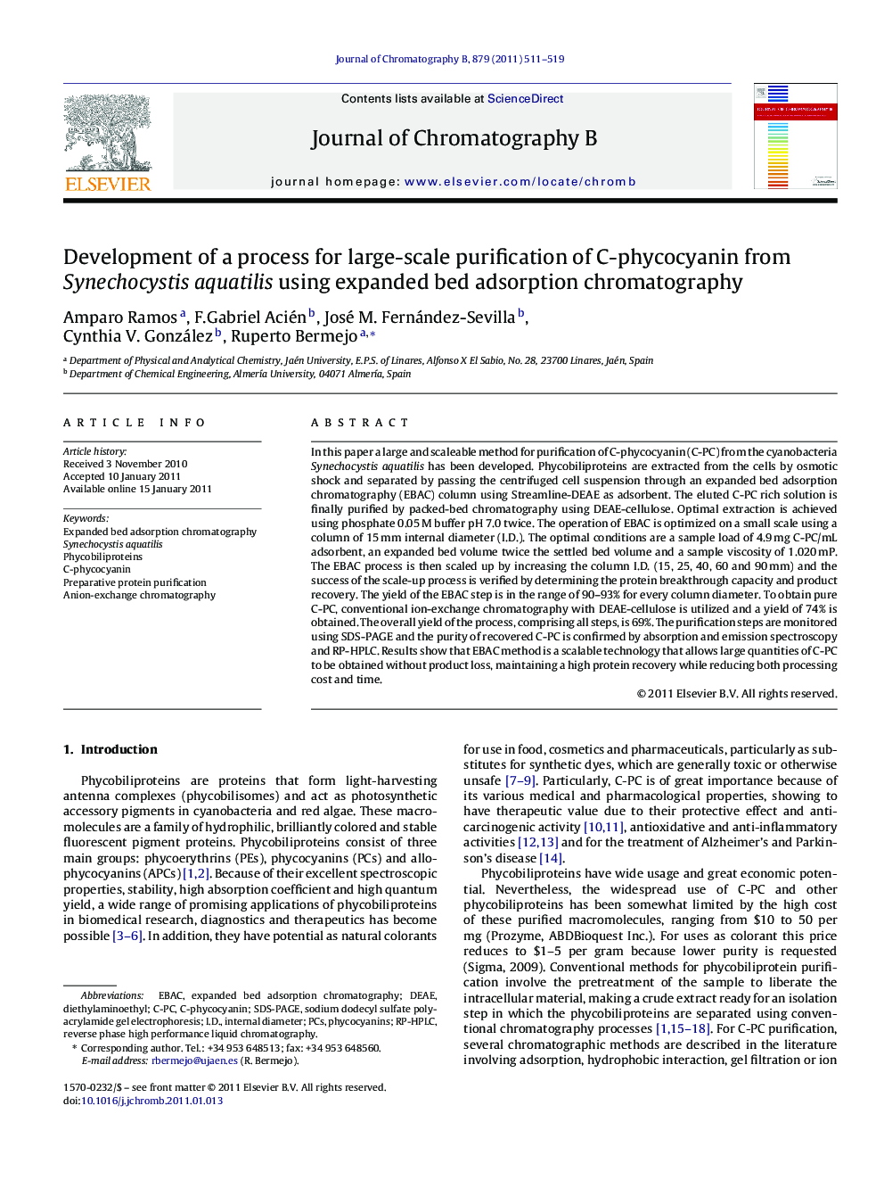 Development of a process for large-scale purification of C-phycocyanin from Synechocystis aquatilis using expanded bed adsorption chromatography