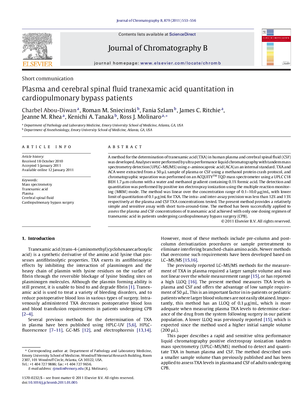 Plasma and cerebral spinal fluid tranexamic acid quantitation in cardiopulmonary bypass patients