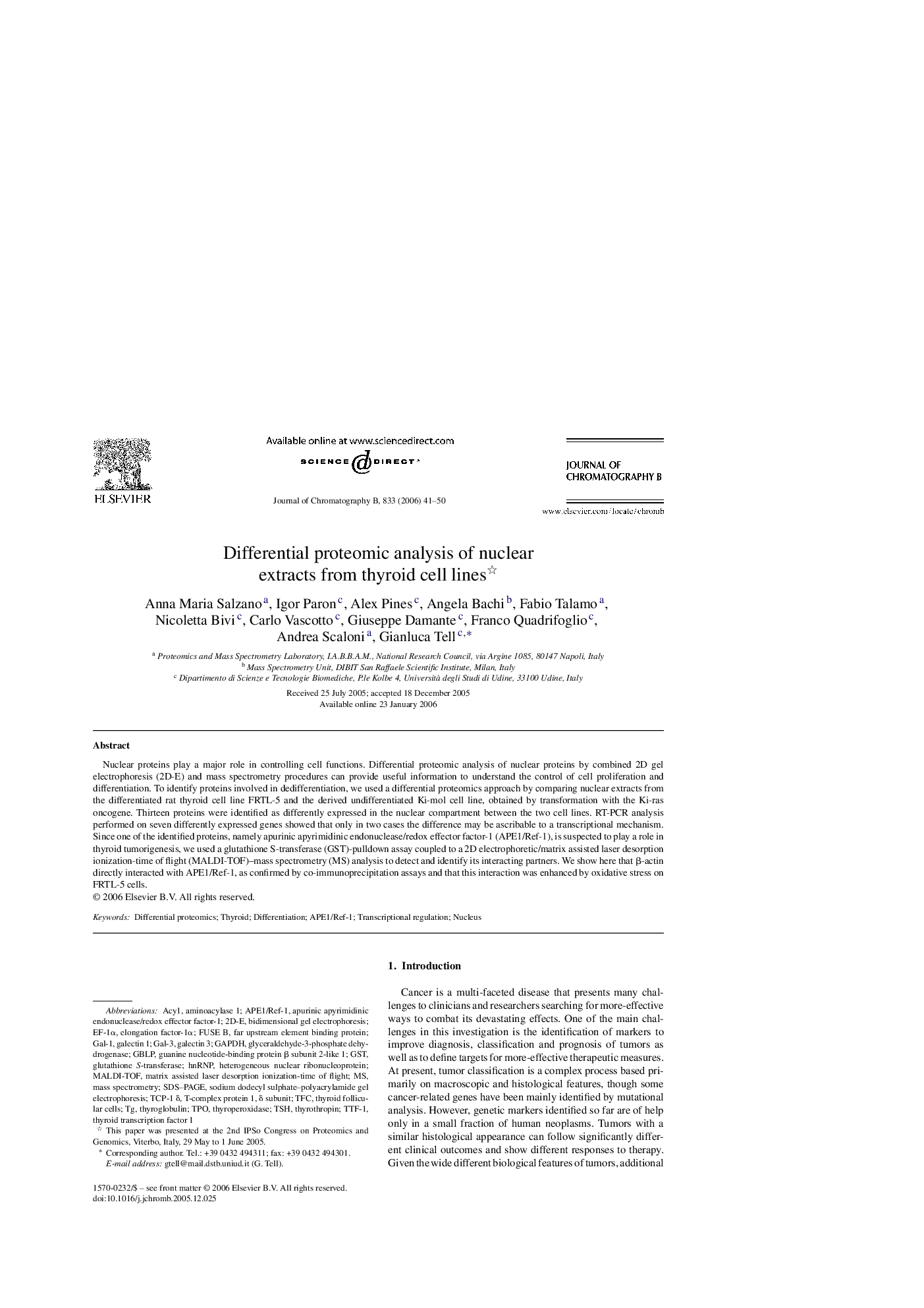 Differential proteomic analysis of nuclear extracts from thyroid cell lines 