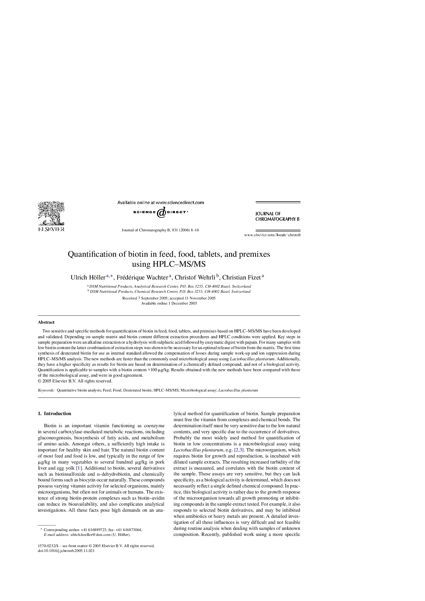 Quantification of biotin in feed, food, tablets, and premixes using HPLC–MS/MS